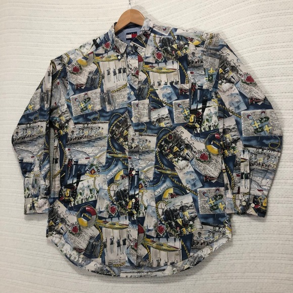 Tommy Hilfiger Oxford Rowing Print Button Up Long Sleeve Shirt‎ M/M - Picture 1 of 7
